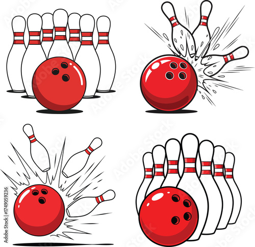 Bowling pins and ball in action silhouette isolated on transparent background