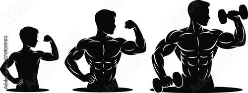 Silhouette depiction of muscular man showing different stages of muscle growth