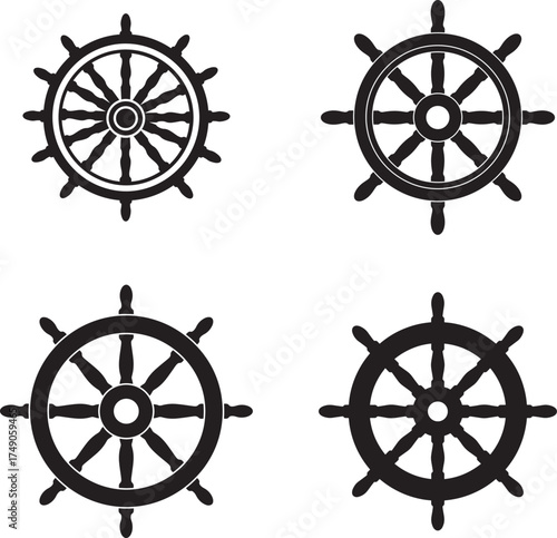 Collection of four nautical ship wheels and helm icons in black silhouette