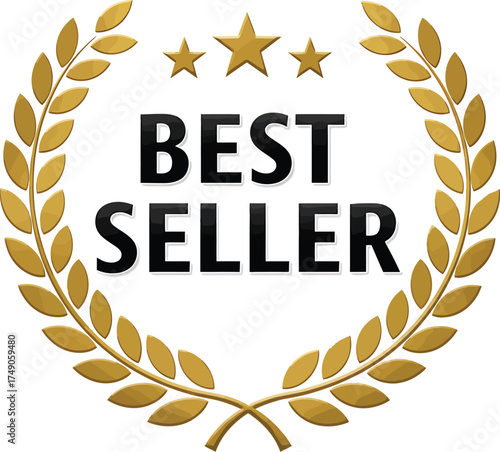 Golden laurel wreath with best seller text silhouette isolated on transparent background