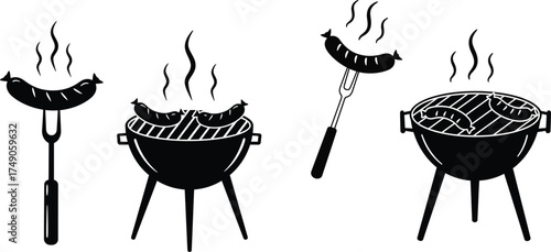 Barbecue grill with sausages cooking silhouette isolated on transparent background