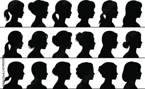 Silhouettes of diverse women portraits in black and white elegance