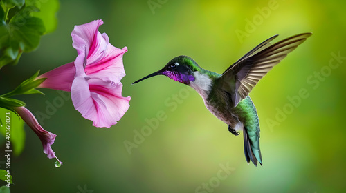 Ruby-throated Hummingbird (Male) with a Mandevilla Flower