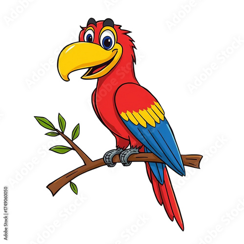 Brightly colored cartoon macaw parrot perched on a tree branch with a cheerful expression