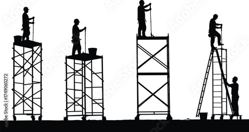 Construction workers on scaffolding and ladder, elevated platforms with measuring rods, occupational safety teamwork, industrial maintenance silhouettes, building site equipment, 