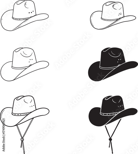 Collection of hand drawn cowboy hats in black and white with different styles and shading