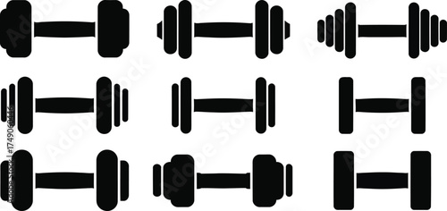 Variety of dumbbell silhouettes fitness and strength training equipment set vector