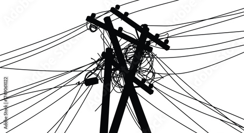 Tangled overhead power lines, messy utility pole wiring, chaotic electric cables, silhouette of electric poles, dangerous electrical mess, overloaded telephone wires