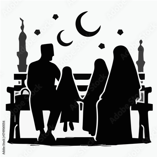 Burqa Family Sitting Silhouette Vector
