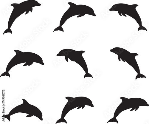 Collection of nine black silhouette jumping dolphins in various dynamic poses on white background