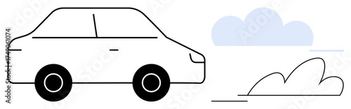 Black-outline car beside bush under light blue cloud. Ideal for transport, travel, journey, minimalism, sustainability, nature, concept design. Simple flat metaphor