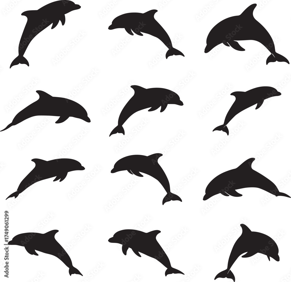 Naklejka premium Collection of silhouetted dolphins leaping and swimming in various dynamic poses