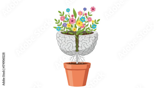 Illustration of a brain-shaped pot with a flower growing from it, symbolizing growth, knowledge, and mental development.