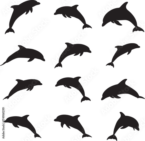 Collection of silhouetted dolphins leaping and swimming in various dynamic poses