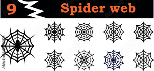 Collection of nine spider web designs, including a large detailed web with a spider, isolated on transparent background, Halloween concept