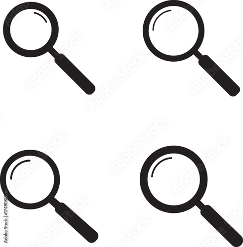 Four hand drawn magnifying glass icons representing search discovery investigation and analysis