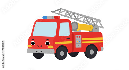 Cartoon Fire Truck with Ladder and Smiling Face.