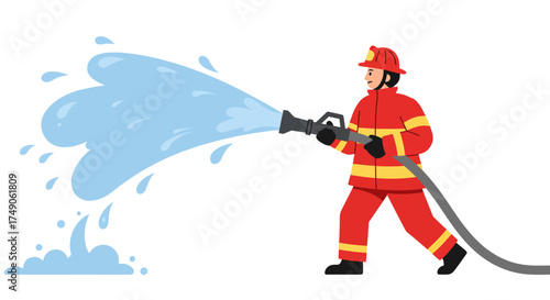 Cartoon Firefighter Spraying Water with Hose in Red and Yellow Uniform.