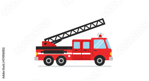 Cartoon Fire Truck with Ladder and Red Color Scheme.