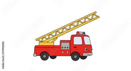 Cartoon Fire Truck with Ladder and Friendly Face Illustration.