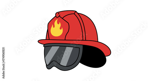 Cartoon Firefighter Helmet with Visor and Flame Emblem.