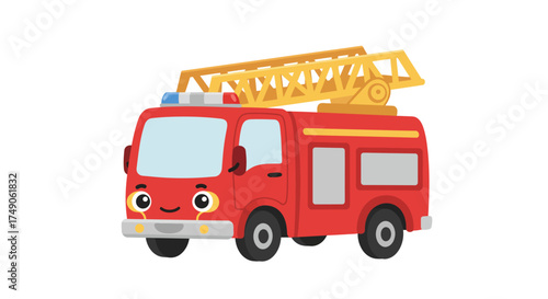 Cartoon Fire Truck with Ladder and Smiling Face.