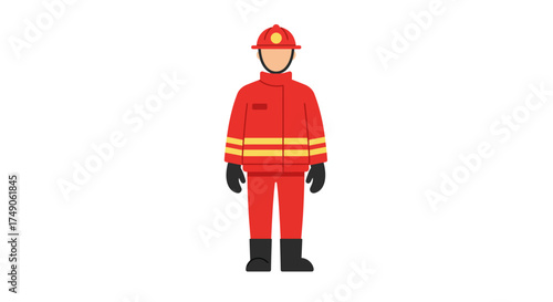 Firefighter in Red Uniform with Yellow Stripes and Helmet.