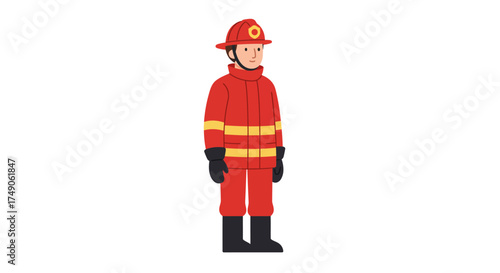 Cartoon Firefighter in Full Protective Gear Standing Alert.