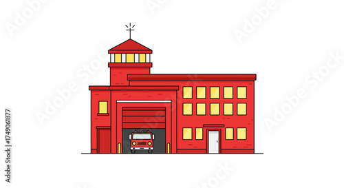 Cartoon Red Fire Station with Firetruck Inside Tower and Windows.