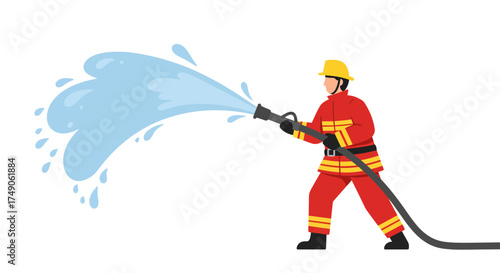 Firefighter in Action: Holding Hose and Spraying Water.