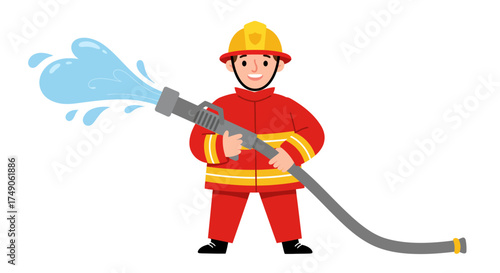 Cartoon Firefighter with Hose Spraying Water Wearing Protective Gear.