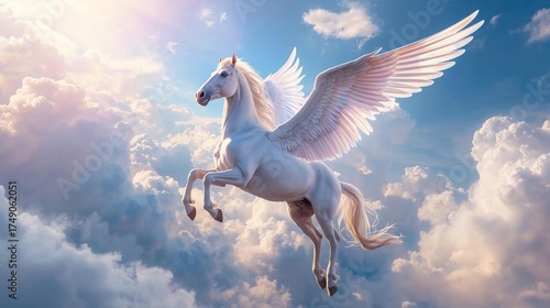 雲間を空へと飛んでゆくペガサス