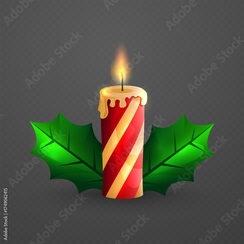 Christmas Candle with Holly Leaves on a Dark Background for Festive Holiday Ornament and Christmas Decoration Design