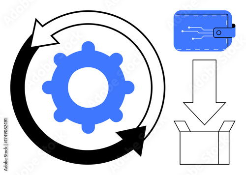 Gear surrounded by cycling arrows next to a digital wallet, download arrow, and box symbolizing process, data flow, and logistics. Ideal for automation, fintech, delivery, technology sustainability