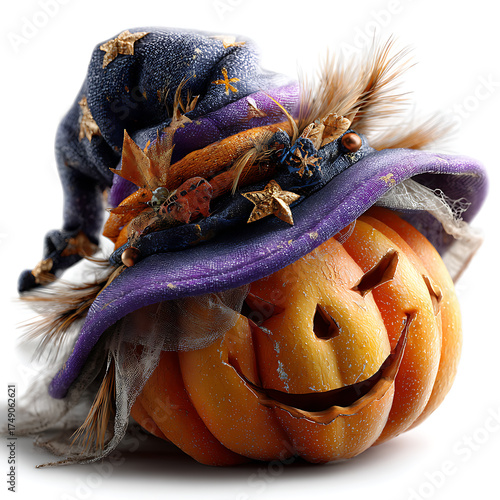 Halloween pumpkin witch hat decoration autumn celebration close-up festive environment whimsical viewpoint