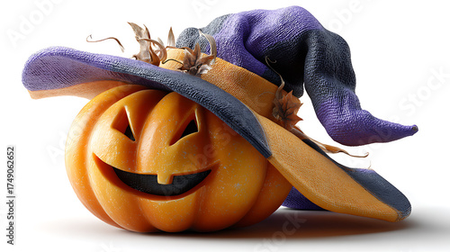 Halloween pumpkin decoration with witch hat festive setting creative content whimsical vibe close-up view
