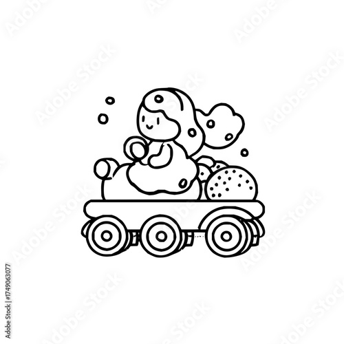 Outline drawing of a cartoon girl with polka dots in a wagon with polka dot balls and bubbles around her