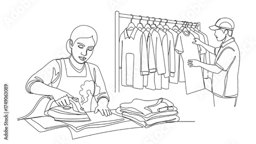 Continuous Line Art of Person Ironing Clothes and Worker Checking Garments on Racks, Minimalist Black and White Illustration of Garment Finishing and Quality Assurance