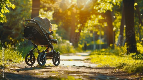 A photo of a baby stroller on a sunny path.