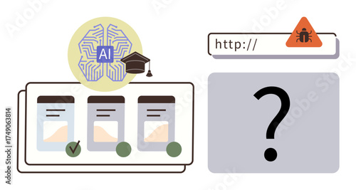 AI brain icon with graduate cap, checklist with options and green checkmarks, alert over a URL, and a question mark to symbolize education, decision-making, cybersecurity, and uncertainty Ideal