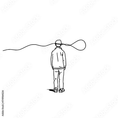 Person from behind with a line coming out of their head into a loop in a white background drawing