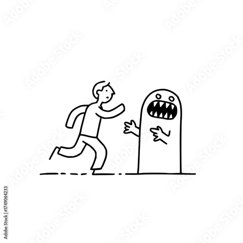 A stick figure man running away from a ghost with sharp teeth and outstretched arms in black and white