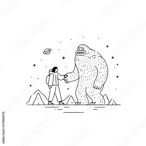 A person shaking hands with a bigfoot on a mountain with a planet and stars in the background scene
