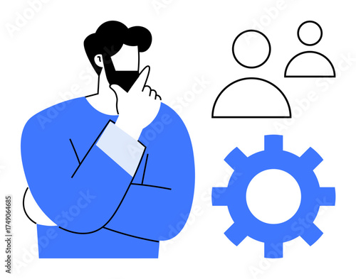 Male figure thinking, cogwheel, and user icons emphasize ideas, analysis, collaboration, and teamwork. Ideal for innovation, management productivity creativity strategizing organization. Simple