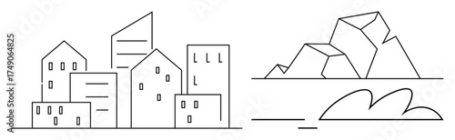 Contemporary city skyline with simple geometric buildings alongside rocks and bushes. Ideal for urban design, nature balance, landscape, architecture, environment, city planning, business projects