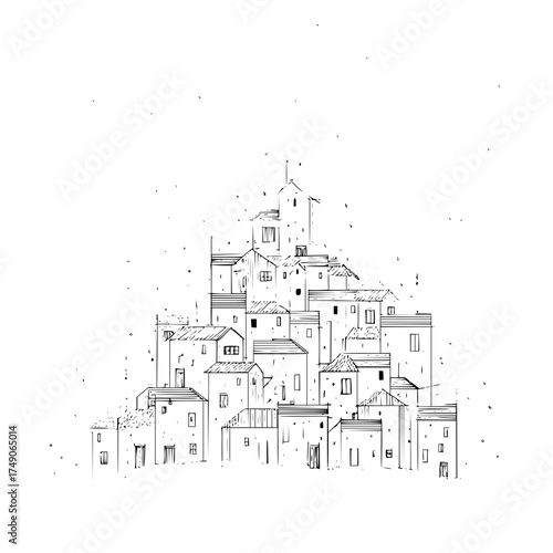 Sketch of a hillside village with tightly packed houses and a central tower on a white background view