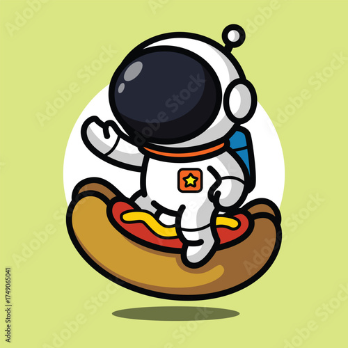 Cute Astronaut Sitting on Hotdog Illustration for Space Cartoon Character and Funny Fast Food Concept