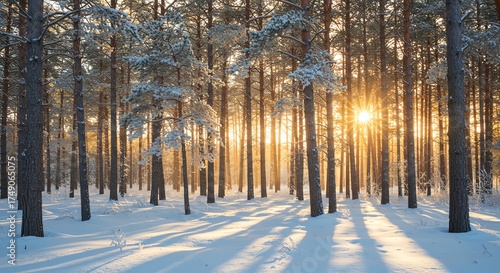Winter Forest Sunrise Golden Light Shining Through Snowy Trees
