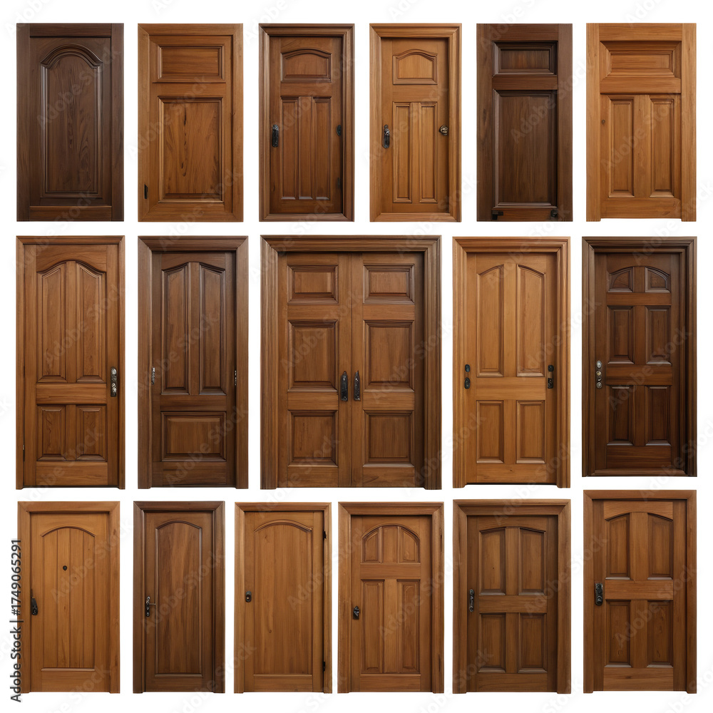 Fototapeta premium Multiple wooden doors, various panel designs, diverse wood tones