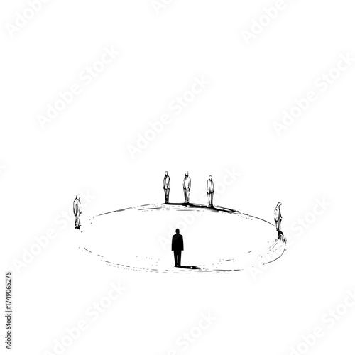 A group of people standing in a circle with one person standing inside the circle in black and white art